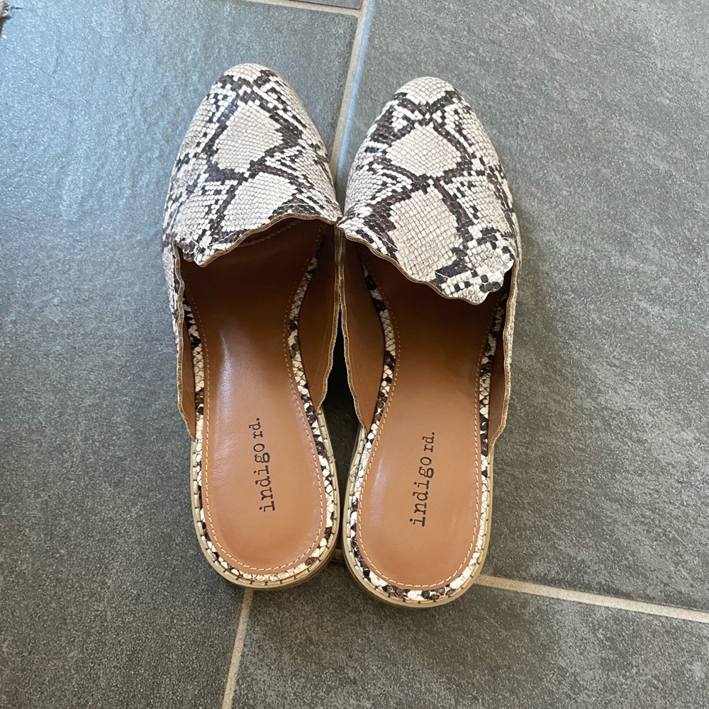 Snakeskin Mules. Size 9.